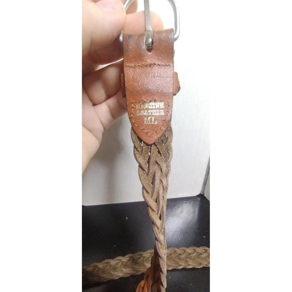 Vintage Cognac Brown Braided Genuine Leather Belt Silver Buckle Size ML 1 Inch